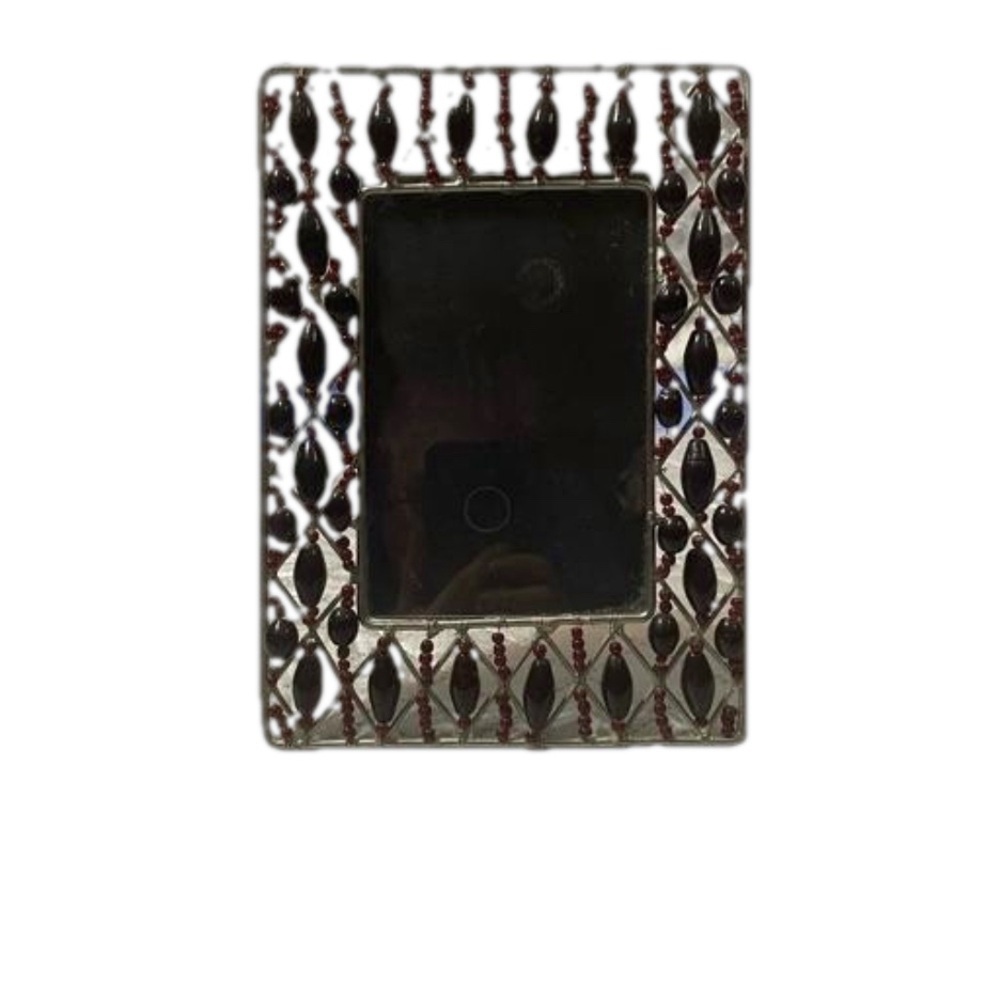 Vintage Silver Heavy Metal Handcrafted Grannycore Picture Frame With Beads 6'4"